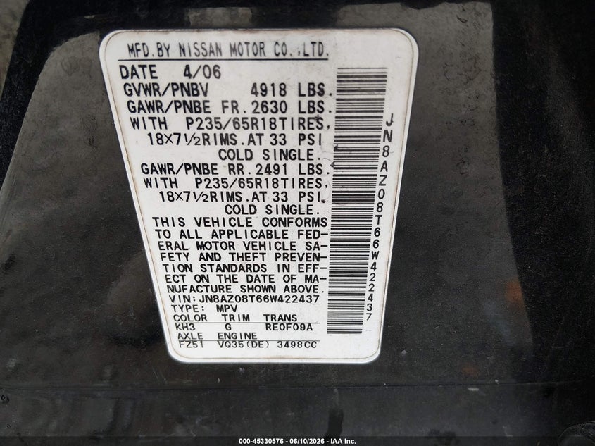 2006 Nissan Murano VIN JN8AZ08T66W422437 IAAI salvage auction — BIOHAZARD/CHEMICAL, Repossession Paperwork (Georgia), sold $225 on 2026-07-24 (photo 8)