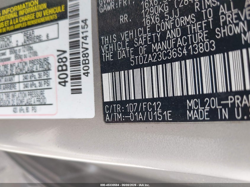 2006 Toyota Sienna VIN 5TDZA23C36S413803 IAAI salvage auction — NORMAL WEAR, Original (Texas), sold $1,100 on 2026-07-20 (photo 9)