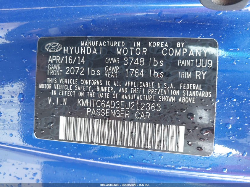2014 Hyundai Veloster VIN KMHTC6AD3EU212363 IAAI salvage auction — NORMAL WEAR, Clear (Missouri), sold $400 on 2026-07-21 (photo 9)