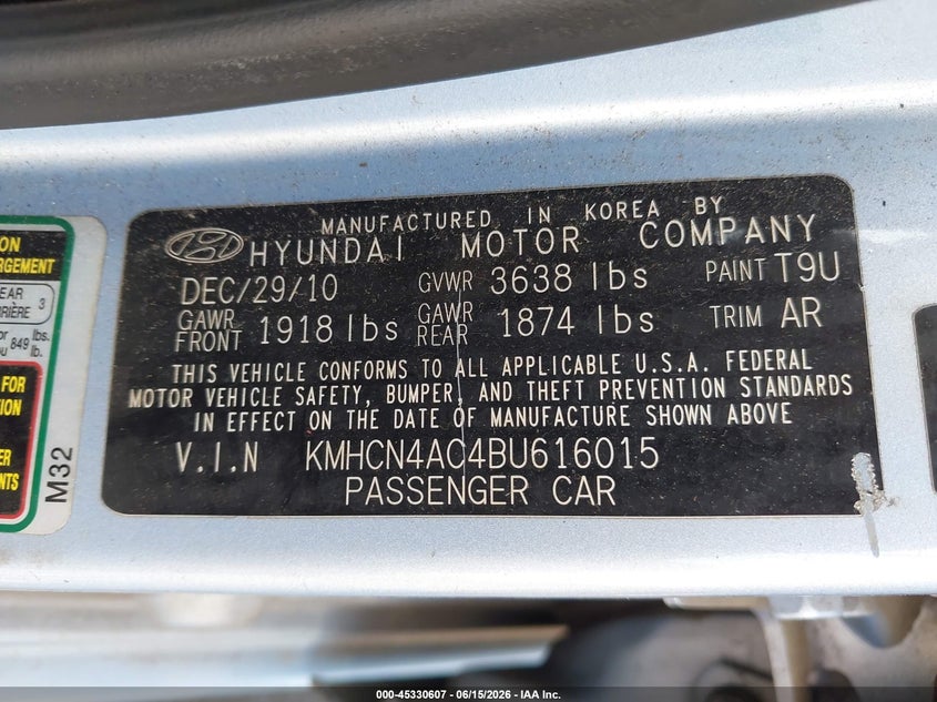 2011 Hyundai Accent VIN KMHCN4AC4BU616015 IAAI salvage auction — NORMAL WEAR, Clear (Georgia), sold $675 on 2026-07-15 (photo 9)