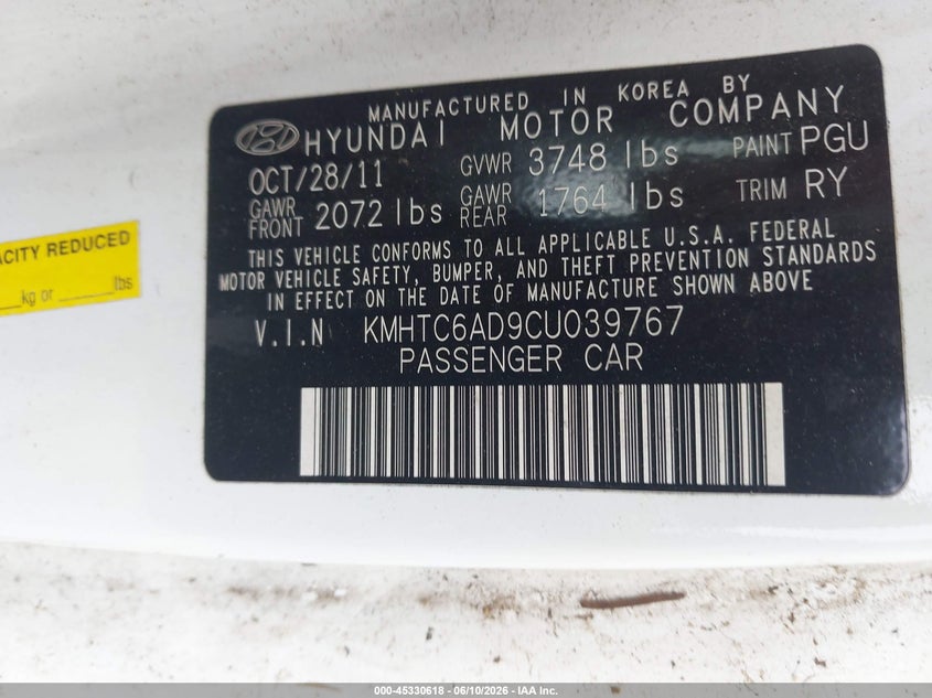 2012 Hyundai Veloster VIN KMHTC6AD9CU039767 IAAI salvage auction — NORMAL WEAR, Clear (Virginia), sold $300 on 2026-07-10 (photo 9)