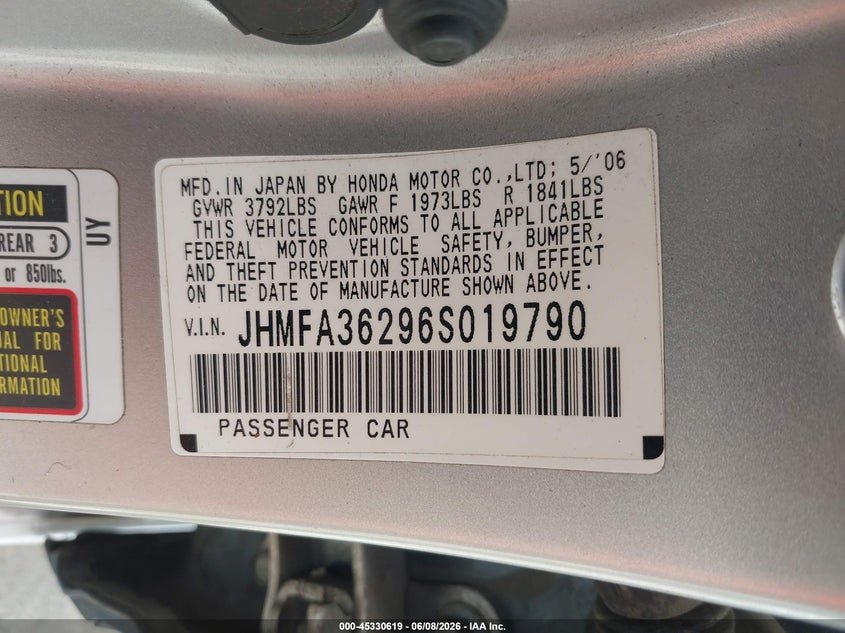 2006 Honda Civic hybrid VIN JHMFA36296S019790 IAAI salvage auction — NORMAL WEAR, App For Dup Clear (California), sold $325 on 2026-07-14 (photo 9)