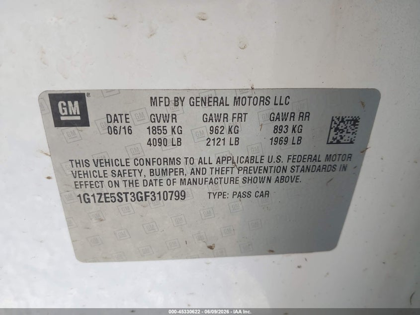 2016 Chevrolet Malibu VIN 1G1ZE5ST9GF320799 IAAI salvage auction — FRONT END, Salvage Title, sold $225 on 2026-07-24 (photo 9)