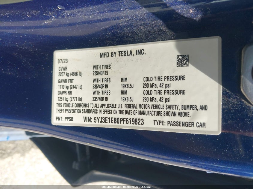 2023 Tesla Model 3 VIN 5YJ3E1EB0PF619823 IAAI salvage auction — HAIL, Clear (Missouri), sold $7,600 on 2026-08-22 (photo 9)