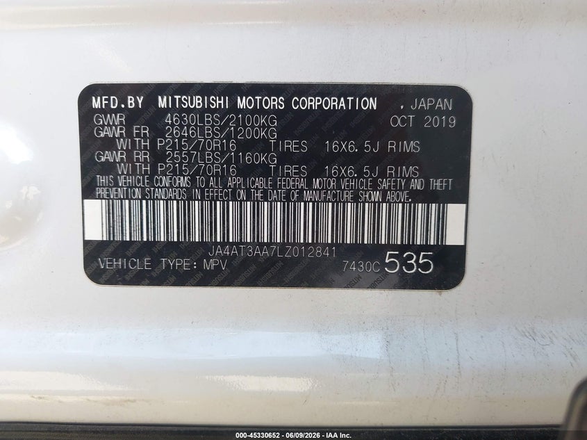 2020 Mitsubishi Eclipse cross VIN JA4AT3AA7LZ012841 IAAI salvage auction — RIGHT FRONT, Salvage Title, sold $1,175 on 2026-07-07 (photo 9)