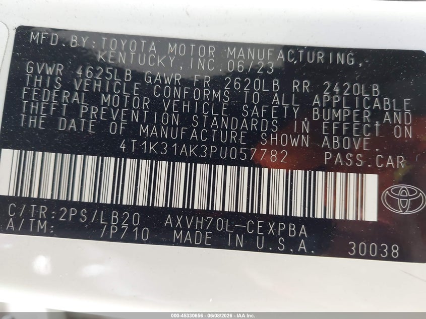 2023 Toyota Camry VIN 4T1K31AK3PU057782 IAAI salvage auction — LEFT SIDE, Salvage Title, sold $10,400 on 2026-07-28 (photo 9)