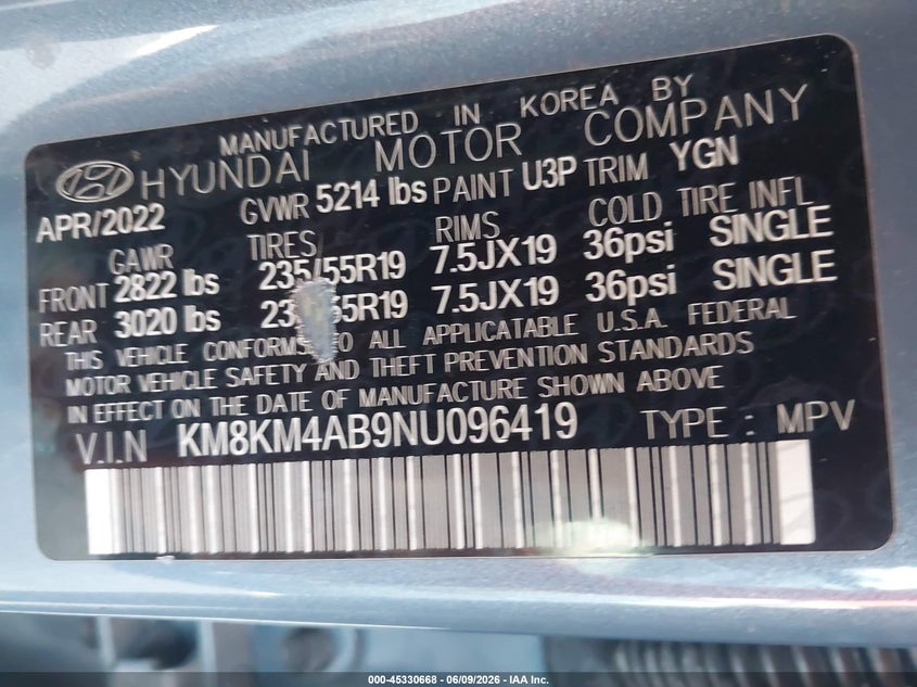 2022 Hyundai Ioniq 5 VIN KM8KM4AB9NU096419 IAAI salvage auction — LEFT FRONT, Salvage (Arizona), sold $6,100 on 2026-07-28 (photo 9)