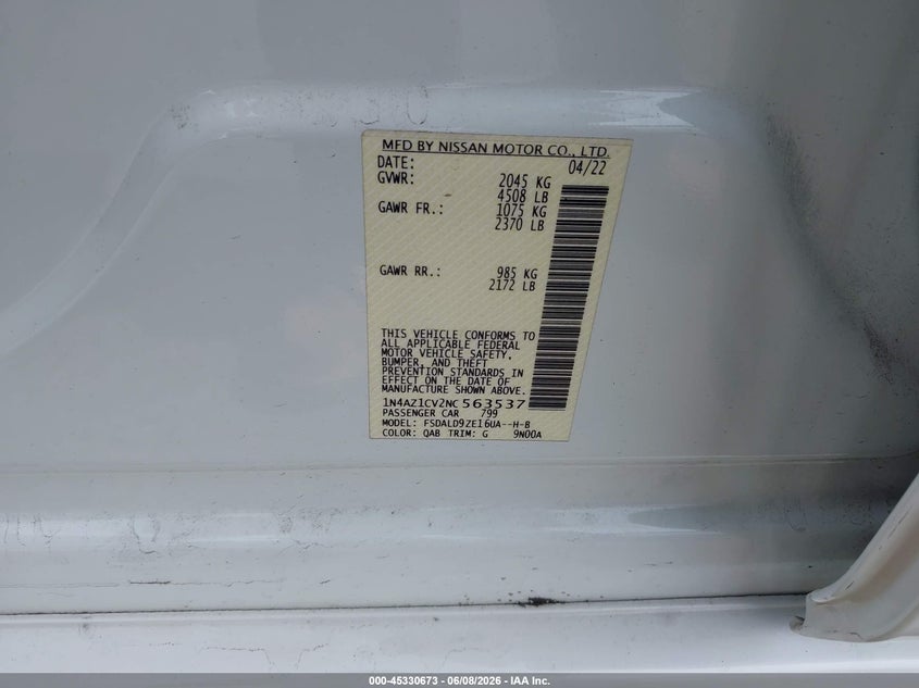 2022 Nissan Leaf VIN 1N4AZ1CV2NC563537 IAAI salvage auction — FRONT END, Salvage Title, sold $2,500 on 2026-07-11 (photo 9)