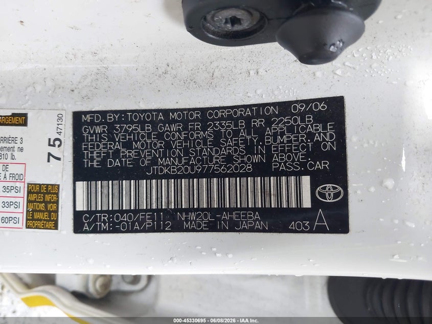 2007 Toyota Prius VIN JTDKB20U977562028 IAAI salvage auction — NORMAL WEAR, Clear (Washington), sold $425 on 2026-07-22 (photo 9)