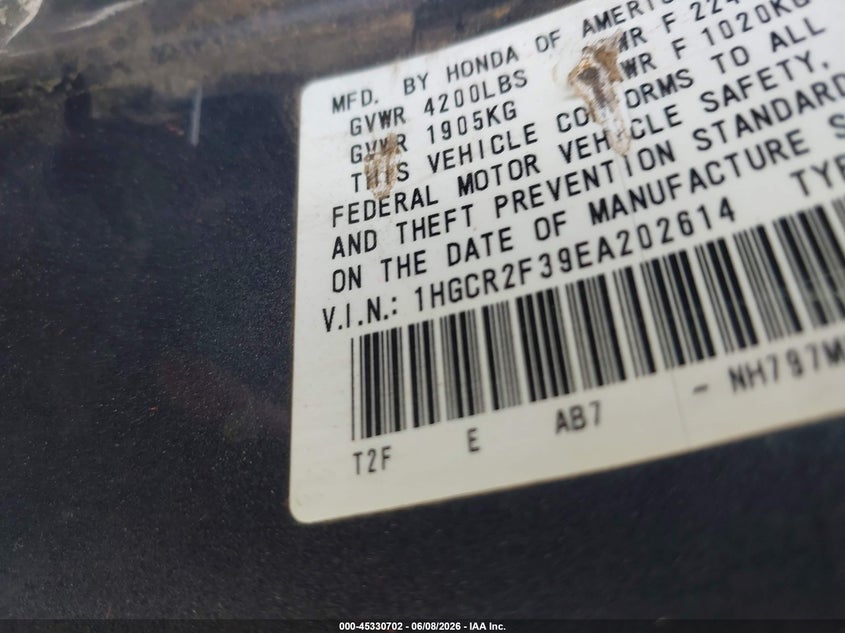 2014 Honda Accord VIN 1HGCR2F39EA202614 IAAI salvage auction — NORMAL WEAR, Salvage Title, sold $1,525 on 2026-07-06 (photo 9)