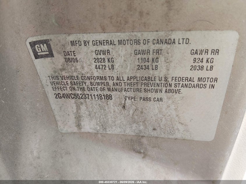 2007 Buick Lacrosse VIN 2G4WC552371118188 IAAI salvage auction — HAIL, Salvage (Kansas), sold $375 on 2026-07-10 (photo 9)