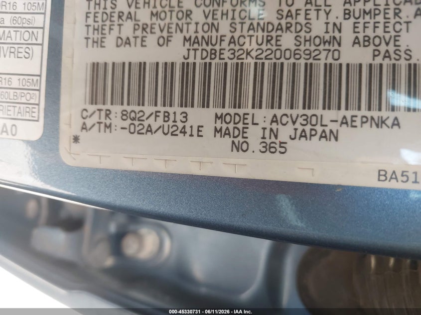 2002 Toyota Camry VIN JTDBE32K220069270 IAAI salvage auction — NORMAL WEAR, Clear-Dealer Only (Arizona), sold $250 on 2026-07-21 (photo 9)