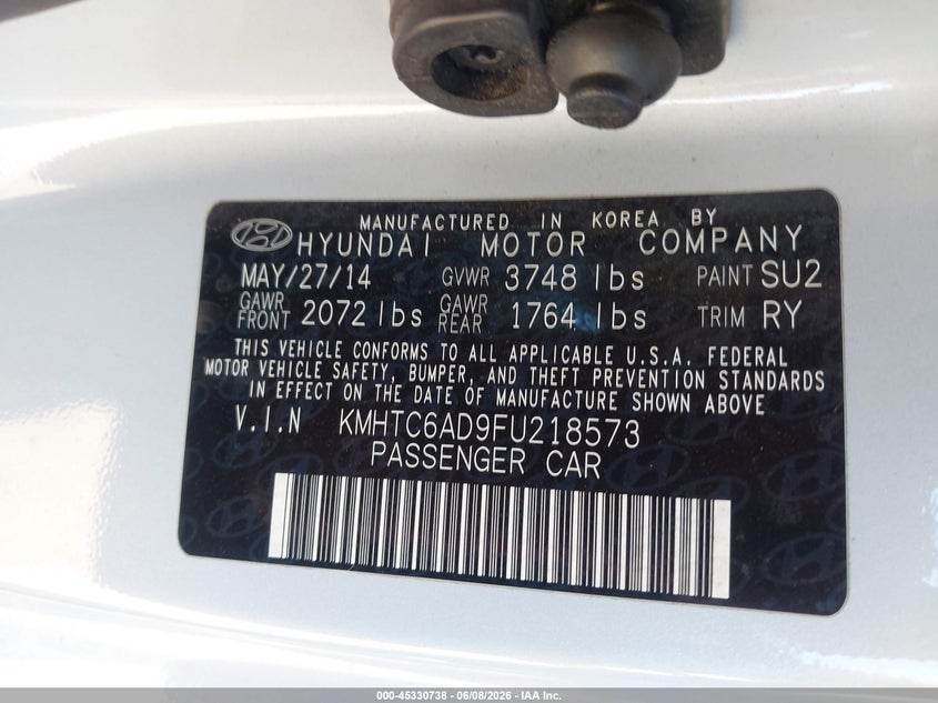 2015 Hyundai Veloster VIN KMHTC6AD9FU218573 IAAI salvage auction — FRONT END, Clear (Arizona), sold $1,900 on 2026-07-14 (photo 9)