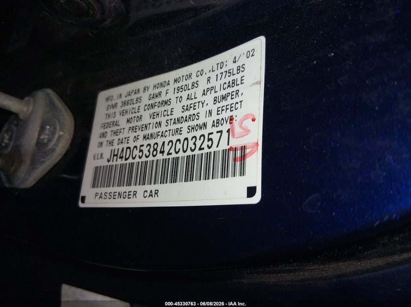 2002 Acura Rsx VIN JH4DC53842C032571 IAAI salvage auction — NORMAL WEAR, Clear (Colorado), sold $400 on 2026-07-21 (photo 9)