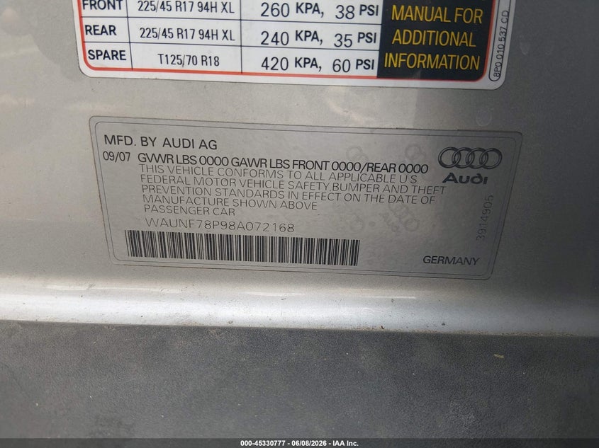 2008 Audi A3 VIN WAUNF78P98A072168 IAAI salvage auction — NORMAL WEAR, Clear (California), sold $275 on 2026-07-17 (photo 9)
