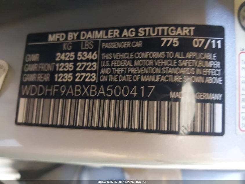 2011 Mercedes-benz E-class VIN WDDHF9ABXBA500417 IAAI salvage auction — LEFT REAR, Regular (South Dakota), sold $3,650 on 2026-08-04 (photo 9)