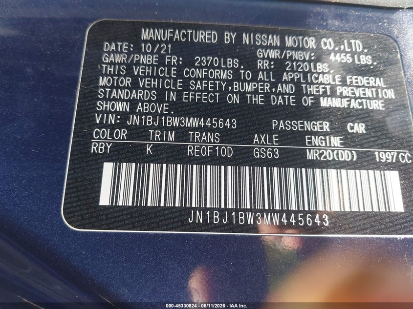 2021 Nissan Rogue VIN JN1BJ1BW3MW445643 IAAI salvage auction — HAIL, Salvage (Ohio), sold $6,750 on 2026-07-30 (photo 9)