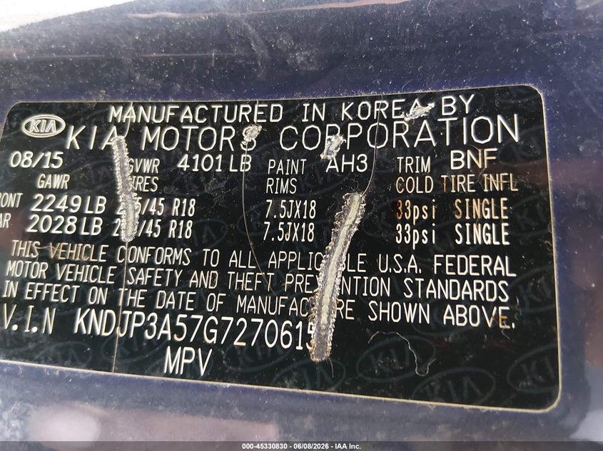 2016 Kia Soul VIN KNDJP3A57G7270615 IAAI salvage auction — NORMAL WEAR, Salvage Title, sold $1,275 on 2026-07-06 (photo 9)