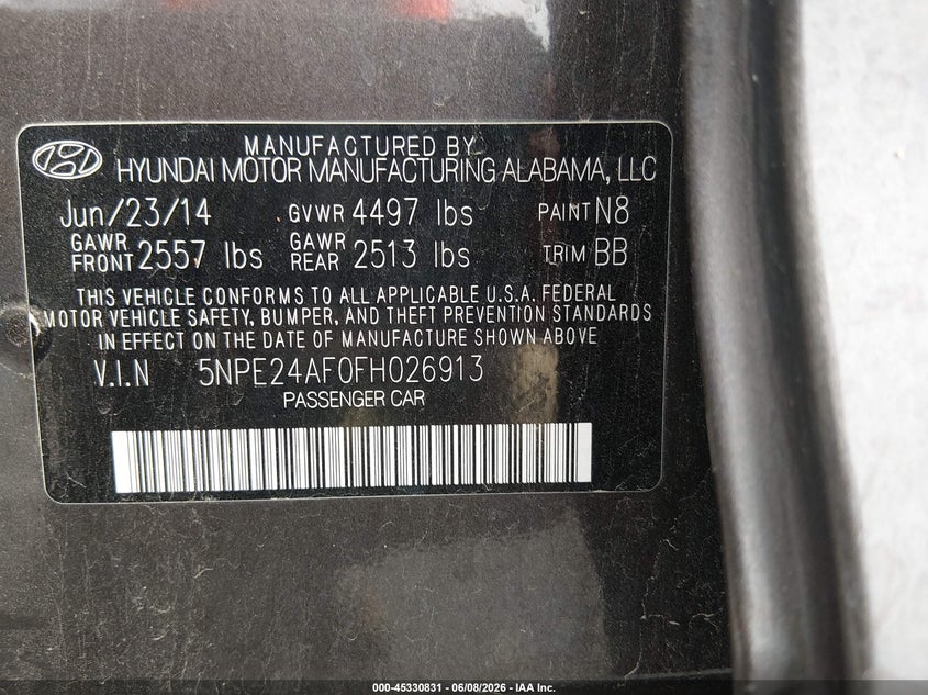 2015 Hyundai Sonata VIN 5NPE24AF0FH026913 IAAI salvage auction — NORMAL WEAR, Salvage Title, sold $1,275 on 2026-07-24 (photo 9)