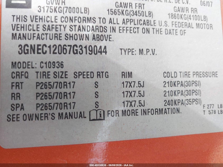 2007 Chevrolet Avalanche VIN 3GNEC12067G319044 IAAI salvage auction — FRONT END, Salvage (California), sold $875 on 2026-07-29 (photo 9)