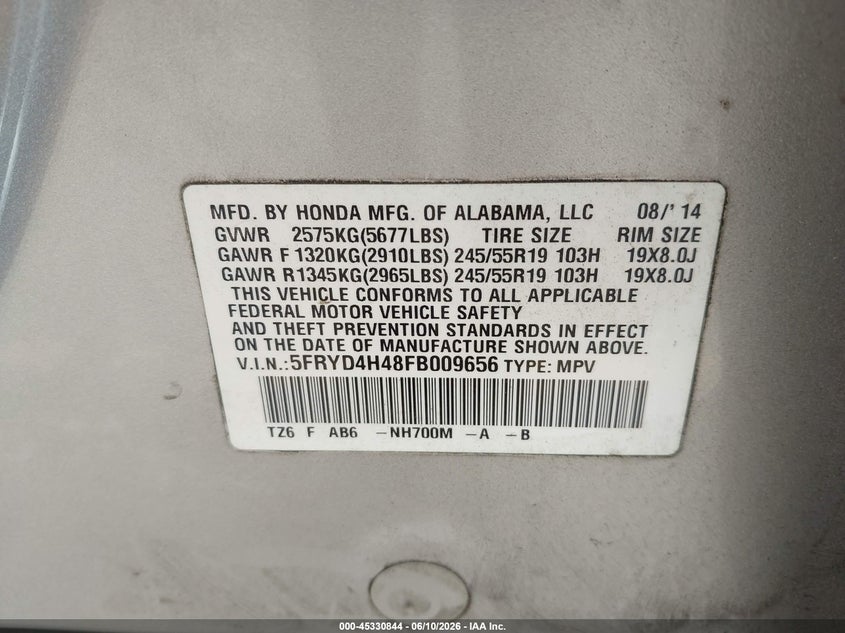 2015 Acura Mdx VIN 5FRYD4H48FB009656 IAAI salvage auction — RIGHT FRONT, Salvage Title, sold $1,900 on 2026-07-18 (photo 9)