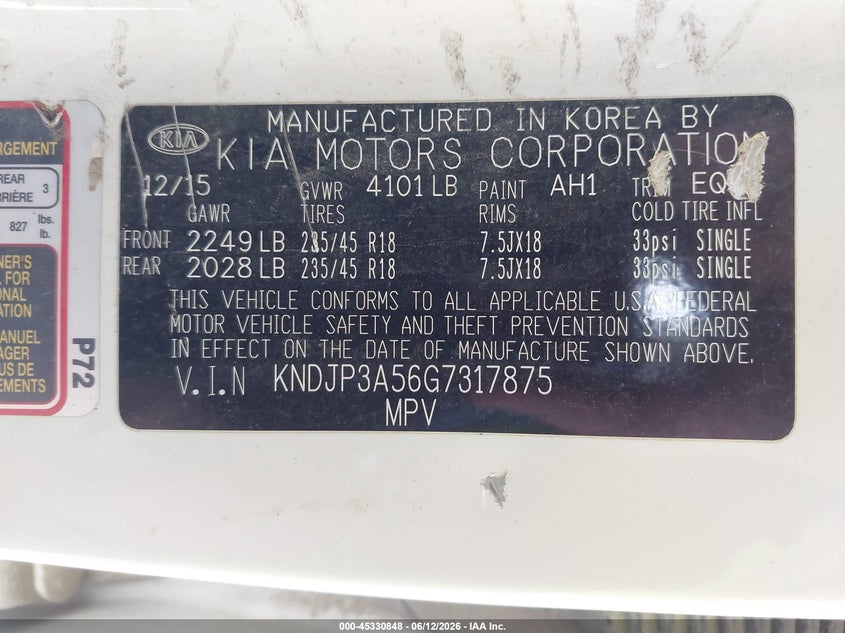 2016 Kia Soul VIN KNDJP3A56G7317875 IAAI salvage auction — NORMAL WEAR, Clear (Montana), sold $650 on 2026-07-22 (photo 9)