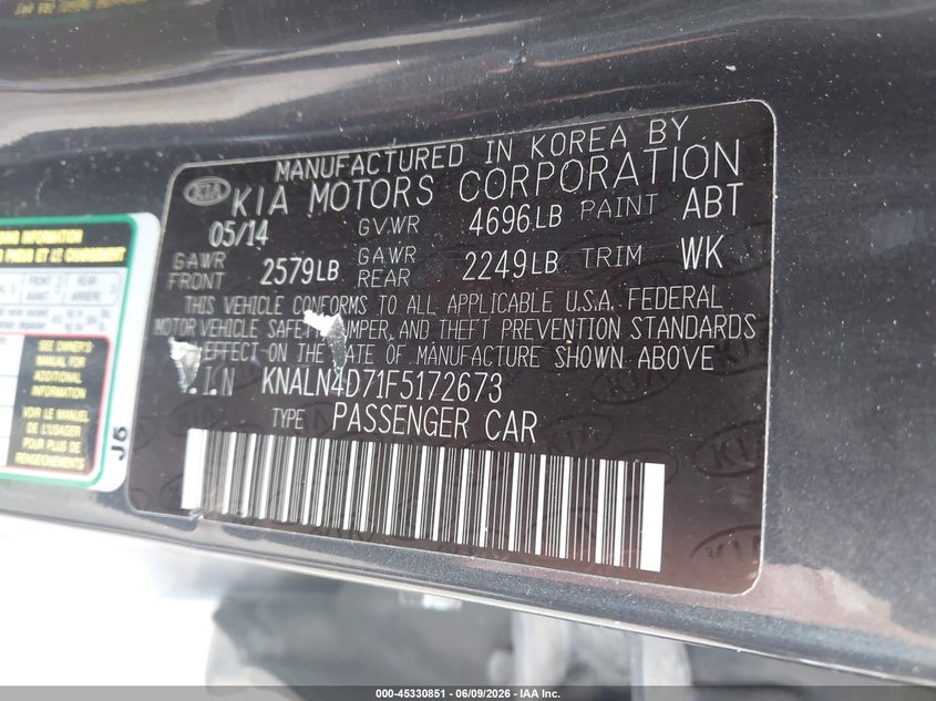 2015 Kia Cadenza VIN KNALN4D71F5172673 IAAI salvage auction — NORMAL WEAR, Salvage Title, sold $600 on 2026-07-14 (photo 9)