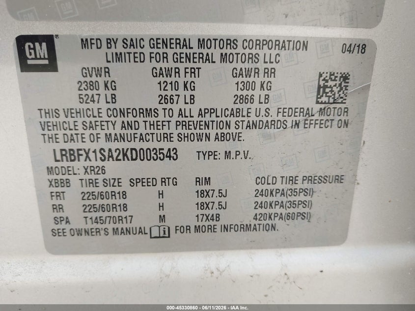 2019 Buick Envision VIN LRBFX1SA2KD003543 IAAI salvage auction — LEFT FRONT, Salvage Title, sold $2,650 on 2026-07-19 (photo 9)