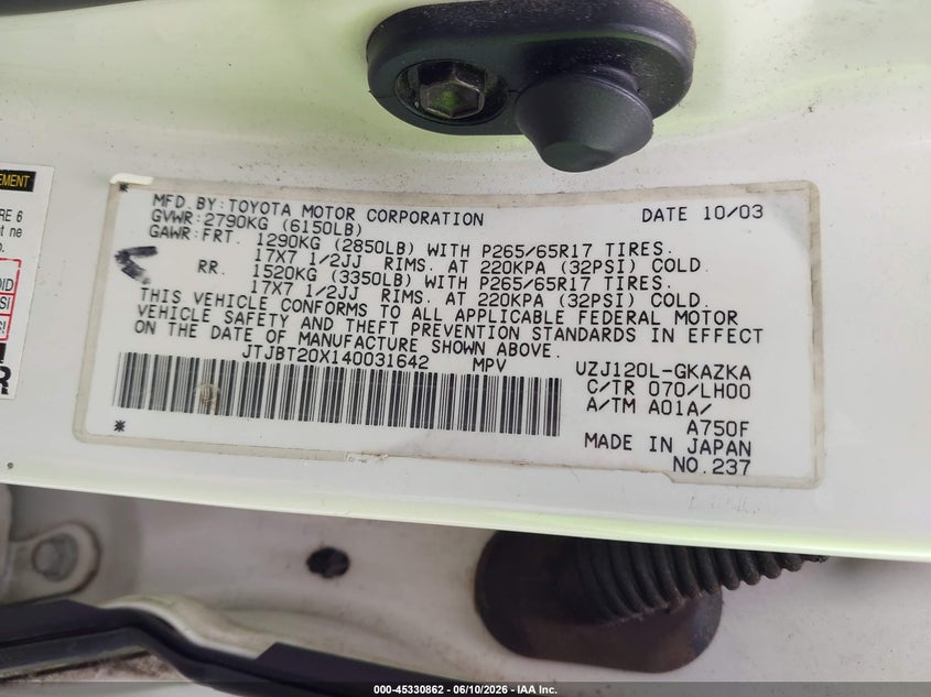 2004 Lexus Gx 470 VIN JTJBT20X140031642 IAAI salvage auction — NORMAL WEAR, Original (Ohio), sold $1,550 on 2026-07-23 (photo 9)