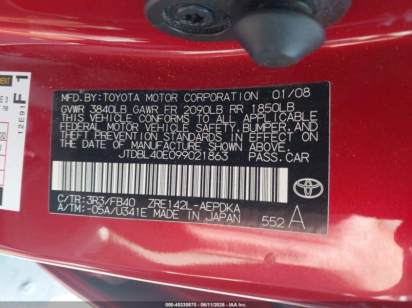 2009 Toyota Corolla VIN JTDBL40E099021863 IAAI salvage auction — FRONT END, Salvage (North Carolina), sold $1,050 on 2026-07-15 (photo 9)