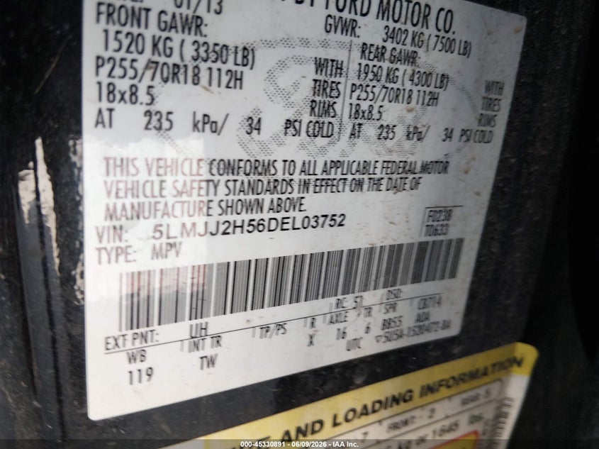 2013 Lincoln Navigator VIN 5LMJJ2H56DEL03752 IAAI salvage auction — NORMAL WEAR, Salvage Title, sold $550 on 2026-07-29 (photo 9)