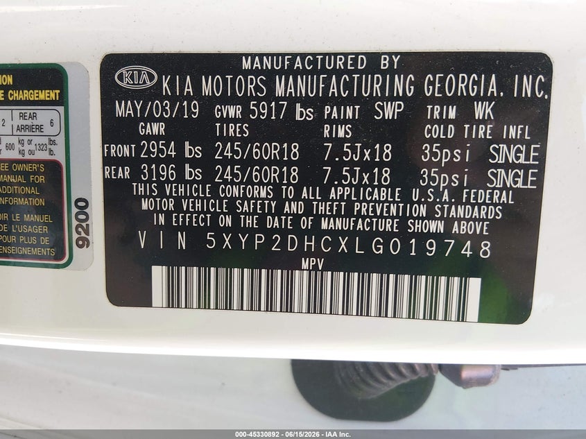 2020 Kia Telluride VIN 5XYP2DHCXLG019748 IAAI salvage auction — NORMAL WEAR, Original (Kentucky), sold $7,025 on 2026-07-20 (photo 9)