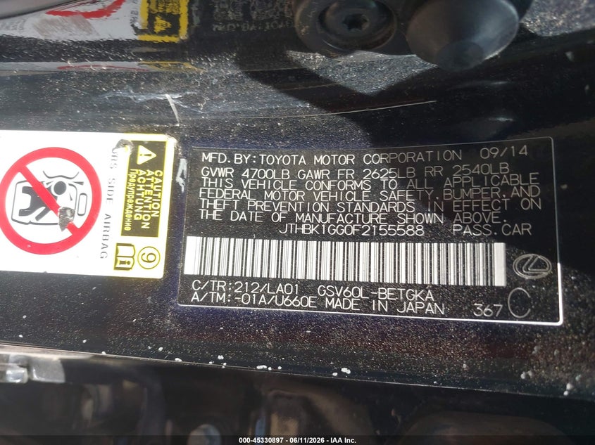 2015 Lexus ES VIN JTHBK1GG0F2155588 IAAI salvage auction — NORMAL WEAR, Clear-Dealer Only (Montana), sold $1,075 on 2026-07-28 (photo 9)