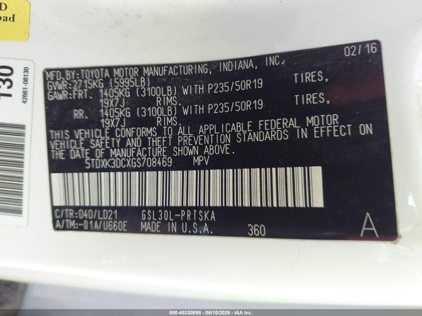 2016 Toyota Sienna VIN 5TDXK3DCXGS708469 IAAI salvage auction — HAIL, Clear (Oklahoma), sold $3,700 on 2026-07-28 (photo 9)