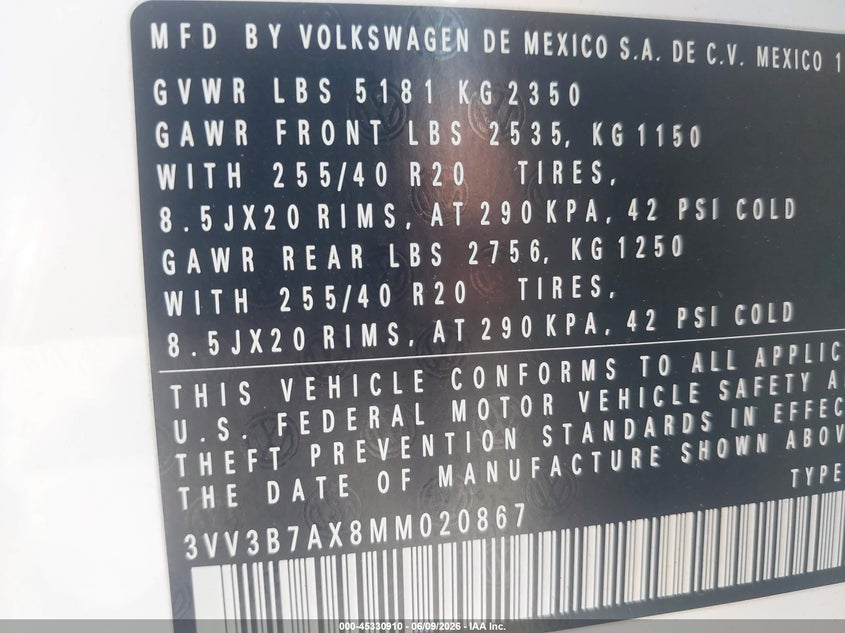 2021 Volkswagen Tiguan VIN 3VV3B7AX8MM020867 IAAI salvage auction — RIGHT FRONT, Salvage Title, sold $6,900 on 2026-07-23 (photo 9)