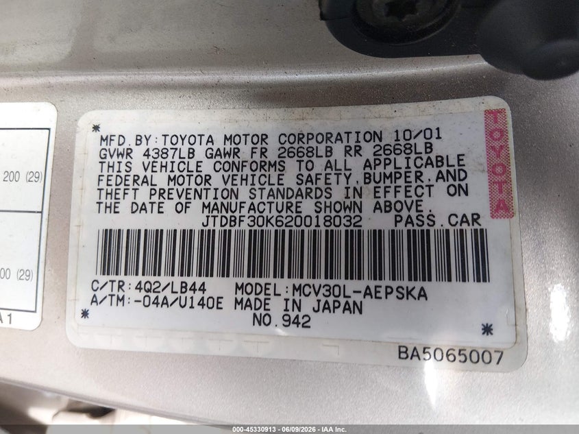 2002 Toyota Camry VIN JTDBF30K620018032 IAAI salvage auction — NORMAL WEAR, Clear (Washington), sold $400 on 2026-07-15 (photo 9)