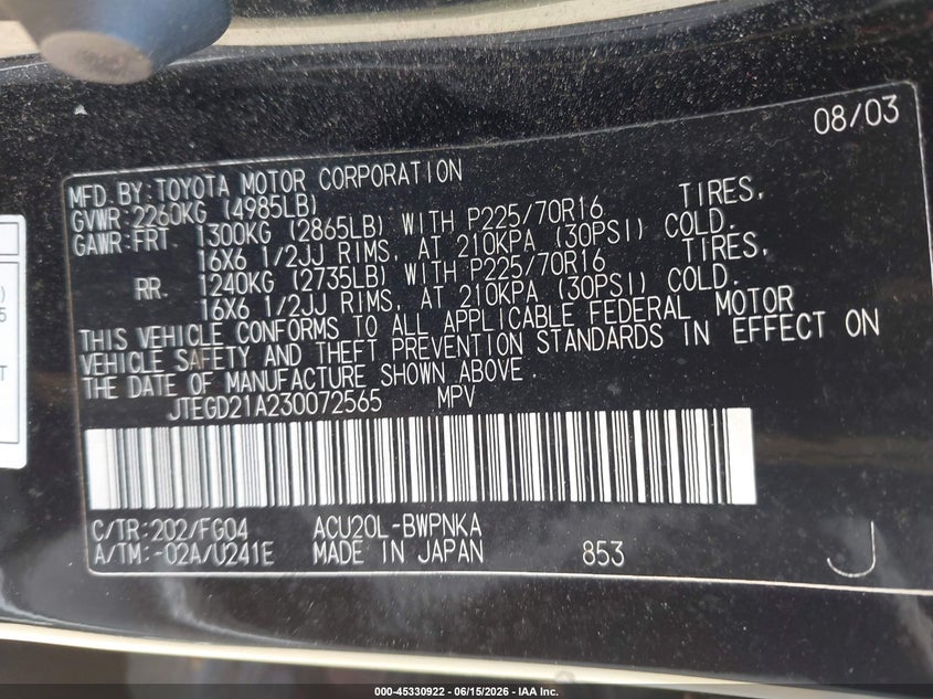 2003 Toyota Highlander VIN JTEGD21A230072565 IAAI salvage auction — NORMAL WEAR, Clear (Virginia), sold $350 on 2026-07-20 (photo 9)