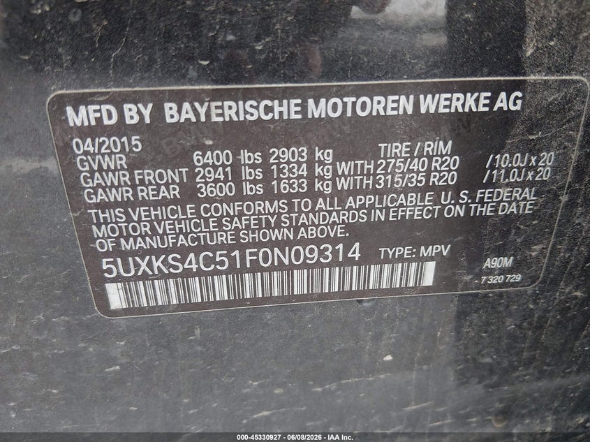 2015 BMW X5 VIN 5UXKS4C51F0N09314 IAAI salvage auction — NORMAL WEAR, Clear (Montana), sold $1,350 on 2026-07-31 (photo 7)