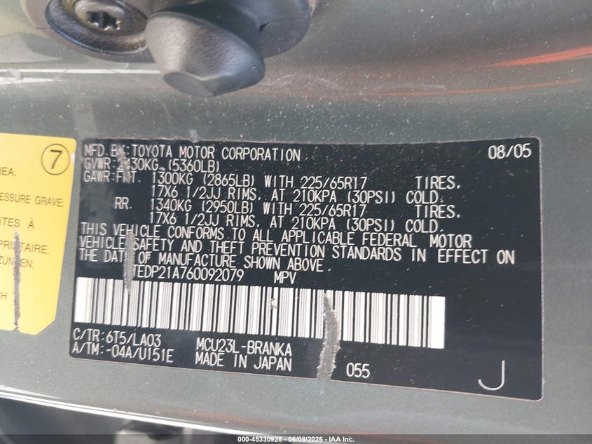 2006 Toyota Highlander VIN JTEDP21A760092079 IAAI salvage auction — NORMAL WEAR, Salvage (California), sold $850 on 2026-07-28 (photo 9)
