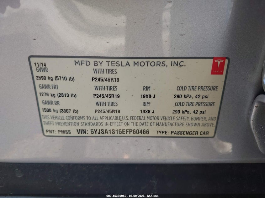2014 Tesla Model s VIN 5YJSA1S15EFP60466 IAAI salvage auction — REAR END, Salvage Title, sold $1,625 on 2026-07-14 (photo 9)