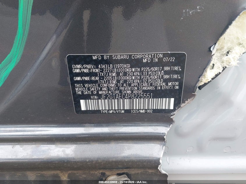 2023 Subaru Xv VIN JF2GTAEC4P8225551 IAAI salvage auction — LEFT SIDE, Salvage (Oregon), sold $50 on 2026-07-31 (photo 9)