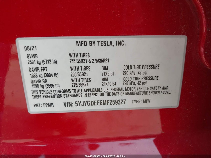 2021 Tesla Model y VIN 5YJYGDEF6MF259327 IAAI salvage auction — RIGHT FRONT, Clear (Virginia), sold $12,500 on 2026-07-16 (photo 9)