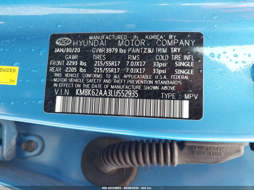 2020 Hyundai Kona VIN KM8K62AA3LU552935 IAAI salvage auction — HAIL, Salvage Title, sold $4,900 on 2026-07-20 (photo 9)