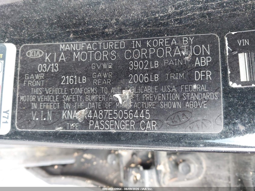 2014 Kia Forte VIN KNAFX4A87E5056445 IAAI salvage auction — NORMAL WEAR, Salvage Title, sold $350 on 2026-07-22 (photo 9)