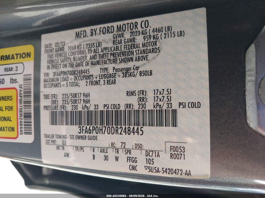 2013 Ford Fusion VIN 3FA6P0H70DR248445 IAAI salvage auction — NORMAL WEAR, Salvage Title, sold $675 on 2026-07-09 (photo 9)