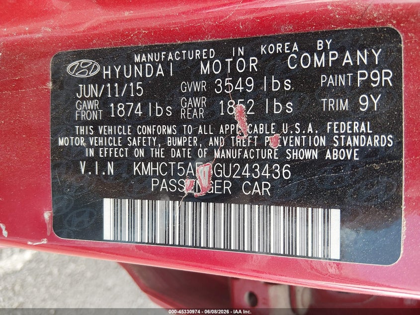 2016 Hyundai Accent VIN KMHCT5AE8GU243436 IAAI salvage auction — NORMAL WEAR, Salvage Title, sold $875 on 2026-07-17 (photo 9)