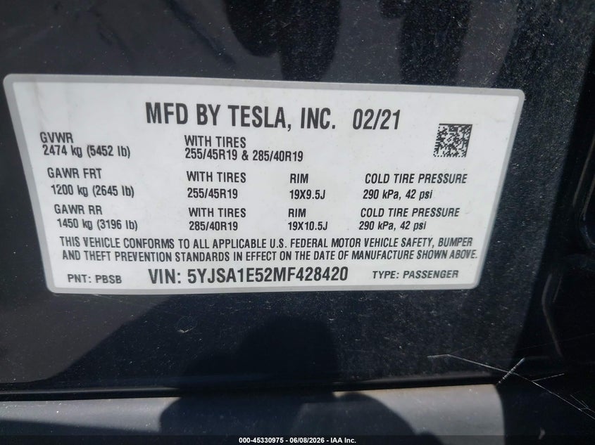 2021 Tesla Model s VIN 5YJSA1E52MF428420 IAAI salvage auction — NORMAL WEAR, Salvage Title, sold $17,800 on 2026-07-13 (photo 9)