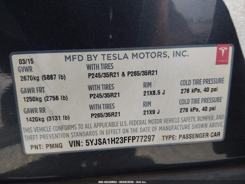 2015 Tesla Model s VIN 5YJSA1H23FFP77297 IAAI salvage auction — SIDE, Salvage Title, sold $3,400 on 2026-07-24 (photo 9)