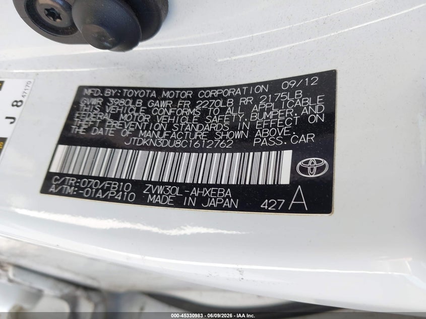 2012 Toyota Prius VIN JTDKN3DU8C1612762 IAAI salvage auction — NORMAL WEAR, Salvage Title, sold $2,125 on 2026-07-09 (photo 9)