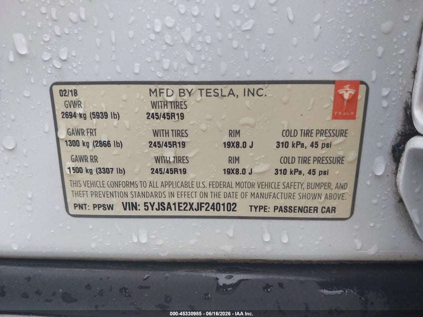 2018 Tesla Model s VIN 5YJSA1E2XJF240102 IAAI salvage auction — NORMAL WEAR, Salvage Title, sold $1,150 on 2026-07-30 (photo 9)